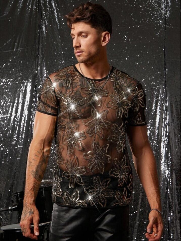 Men's Knitted Fashionable Casual Loose Sequin Decorated short Sleeve T - Shirt